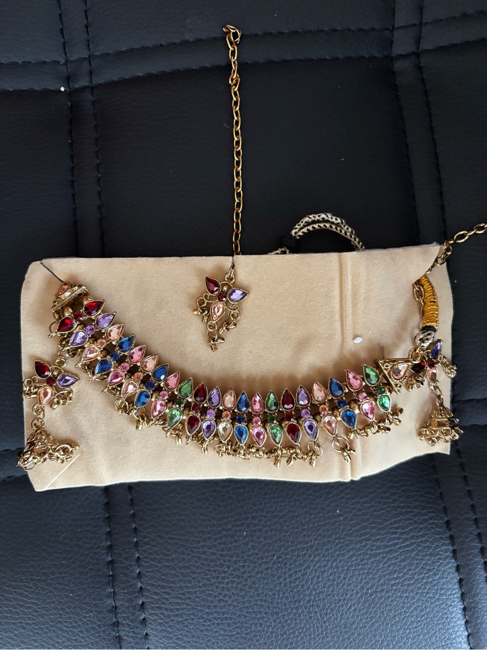 Gold-Tone Multicolor Teardrop Statement Necklace Bag Accent